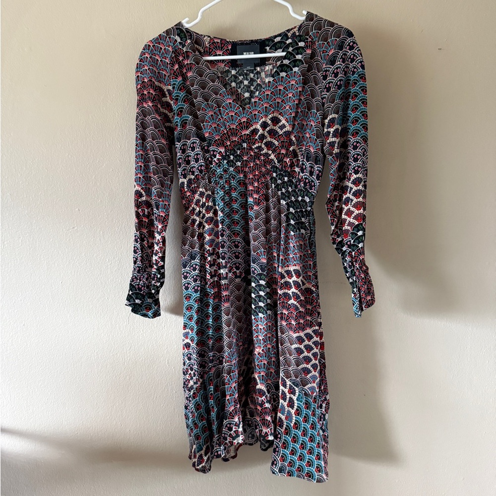 Anthropologie Maeve V-Neck Long Sleeve Dress Art Deco Fan Print Size XS Petite